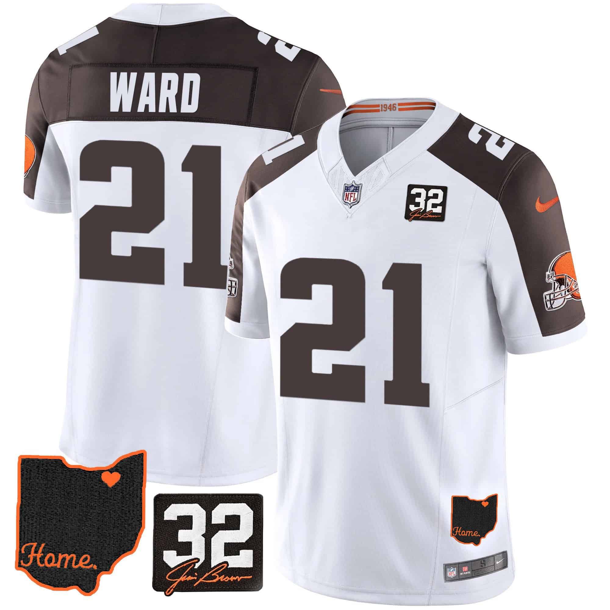 Men Cleveland Browns #21 Ward White Memorial Home Patch 2024 Nike NFL Jersey style 1